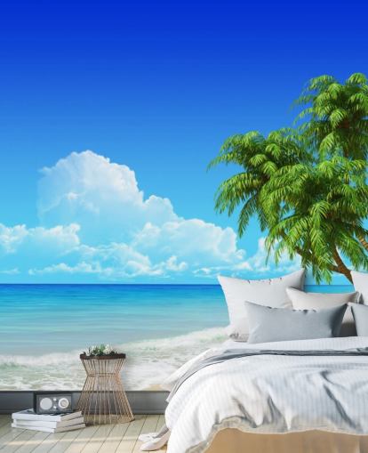 Carta da parati con palme drappeggiate sulla spiaggia bianca