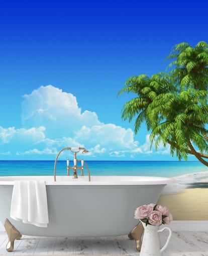 Palm Tree Draped Over White Beach Wallpaper