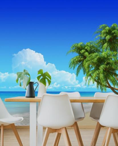 Palm Tree Draped Over White Beach Wallpaper