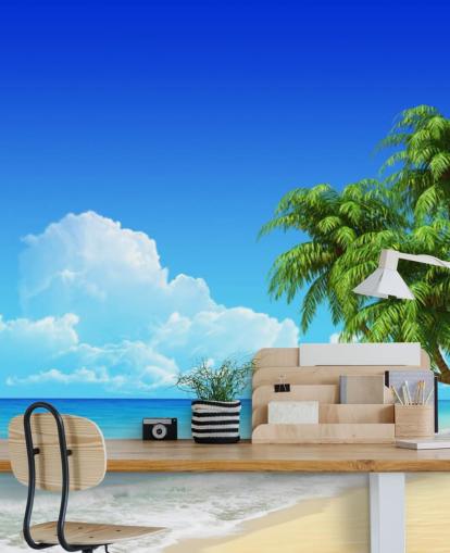 Palm Tree Draped Over White Beach Wallpaper