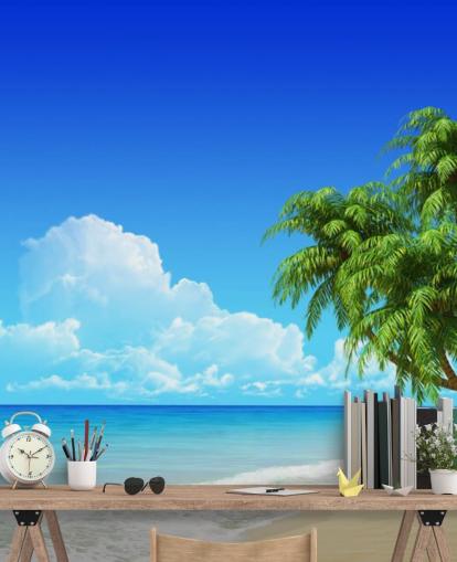 Palm Tree Draped Over White Beach Wallpaper