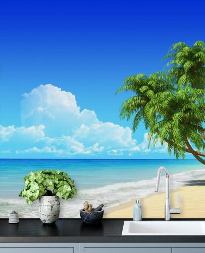 Carta da parati con palme drappeggiate sulla spiaggia bianca Carta da parati con palme drappeggiate sulla spiaggia bianca