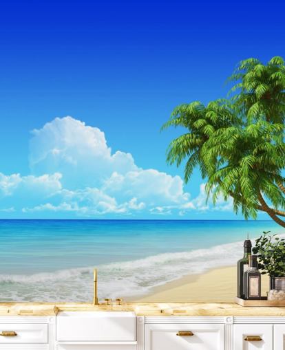 Palm Tree Draped Over White Beach Wallpaper