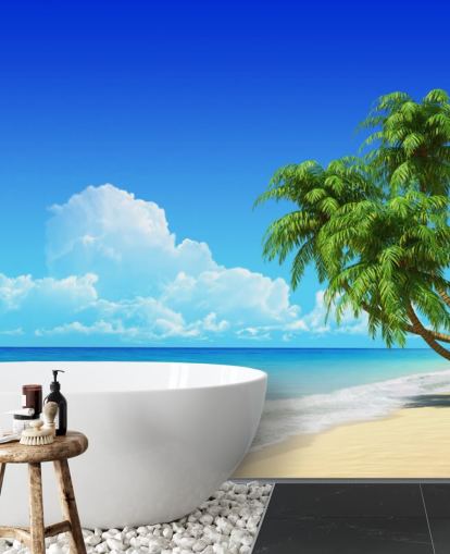 Palm Tree Draped Over White Beach Wallpaper