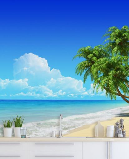 Palm Tree Draped Over White Beach Wallpaper