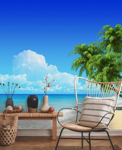 Palm Tree Draped Over White Beach Wallpaper