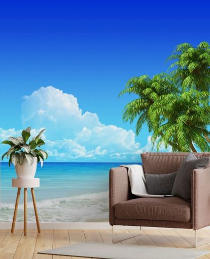 Palm Tree Draperet Over Hvid Strand Baggrund