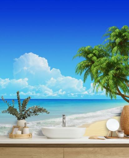 Palm Tree Draped Over White Beach Wallpaper