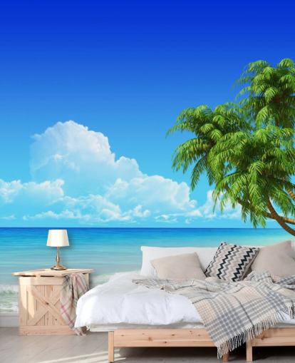 Carta da parati con palme drappeggiate sulla spiaggia bianca