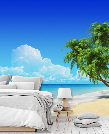 Carta da parati con palme drappeggiate sulla spiaggia bianca
