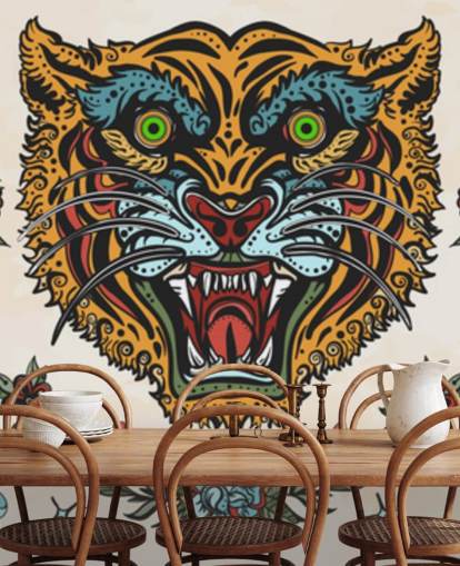 papel tapiz de dibujos de tatuaje de tigre naranja y azul
