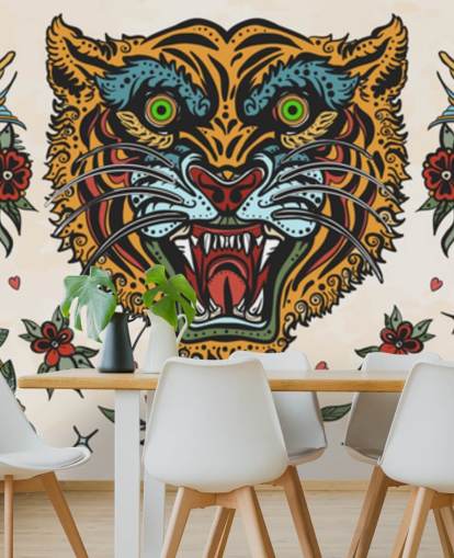 papel tapiz de dibujos de tatuaje de tigre naranja y azul