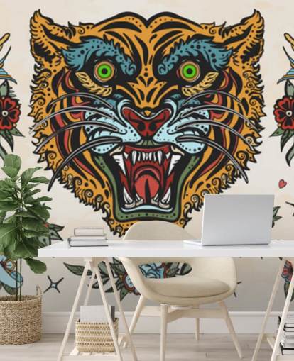 papel tapiz de dibujos de tatuaje de tigre naranja y azul