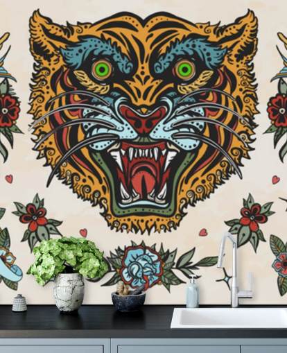papel tapiz de dibujos de tatuaje de tigre naranja y azul