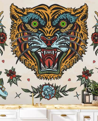 papel tapiz de dibujos de tatuaje de tigre naranja y azul