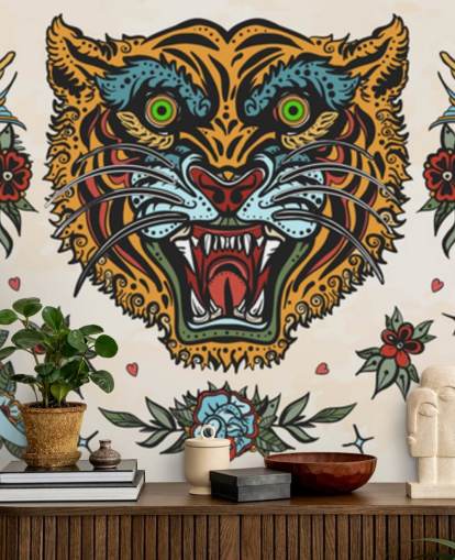 papel tapiz de dibujos de tatuaje de tigre naranja y azul