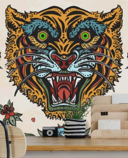 papel tapiz de dibujos de tatuaje de tigre naranja y azul