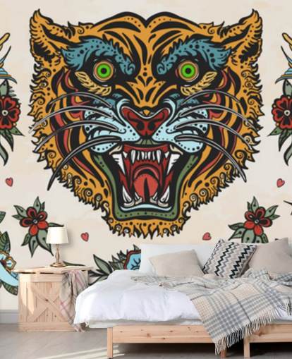 papel tapiz de dibujos de tatuaje de tigre naranja y azul