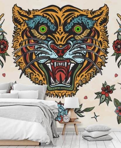 papel tapiz de dibujos de tatuaje de tigre naranja y azul