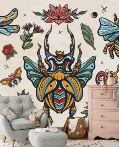 kleurrijke insecten tattoo tekeningen behang