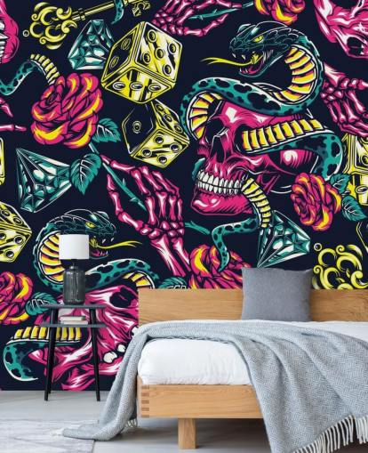 papel pintado de calavera, dados y serpiente rosa, amarillo y verde