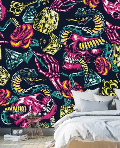 papel de parede rosa, amarelo e verde crânio, dados e cobra