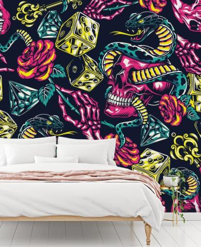 pink, yellow and green skull, dice and snake wallpaper