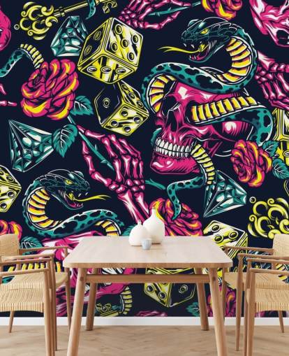 pink, yellow and green skull, dice and snake wallpaper