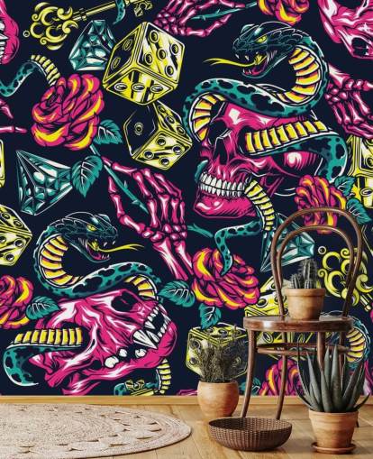 pink, yellow and green skull, dice and snake wallpaper