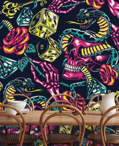 papel de parede rosa, amarelo e verde crânio, dados e cobra