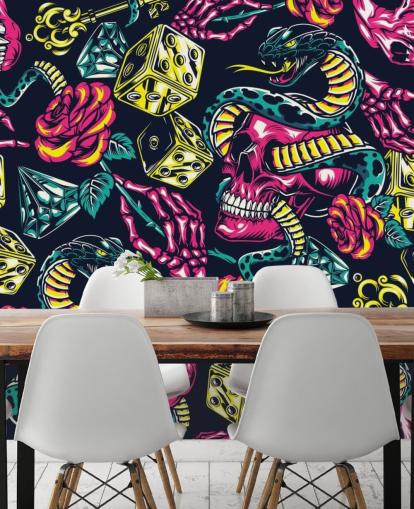 papel pintado de calavera, dados y serpiente rosa, amarillo y verde papel pintado de calavera, dados y serpiente rosa, amarillo y verde