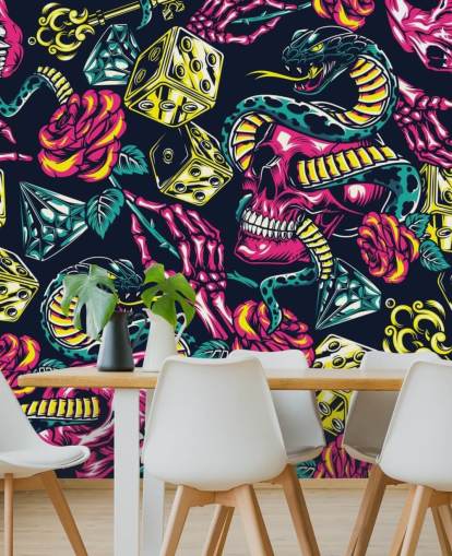pink, yellow and green skull, dice and snake wallpaper