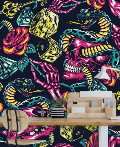 papel de parede rosa, amarelo e verde crânio, dados e cobra papel de parede rosa, amarelo e verde crânio, dados e cobra