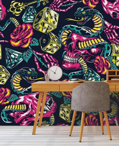 papel pintado de calavera, dados y serpiente rosa, amarillo y verde