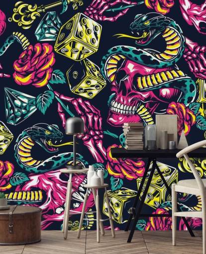pink, yellow and green skull, dice and snake wallpaper