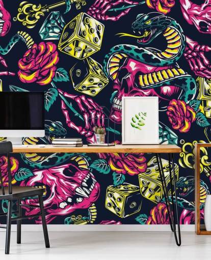 papel pintado de calavera, dados y serpiente rosa, amarillo y verde papel pintado de calavera, dados y serpiente rosa, amarillo y verde