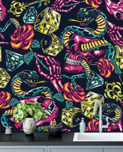 papel pintado de calavera, dados y serpiente rosa, amarillo y verde