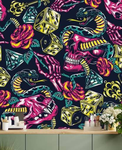 pink, yellow and green skull, dice and snake wallpaper