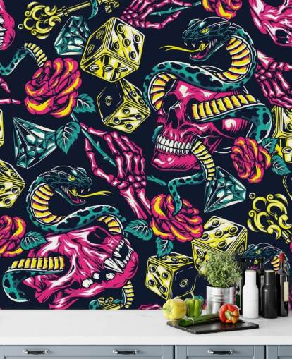 papel pintado de calavera, dados y serpiente rosa, amarillo y verde
