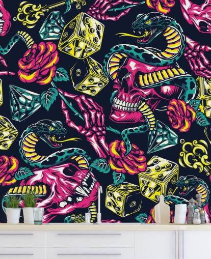 papel pintado de calavera, dados y serpiente rosa, amarillo y verde