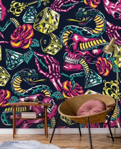 pink, yellow and green skull, dice and snake wallpaper