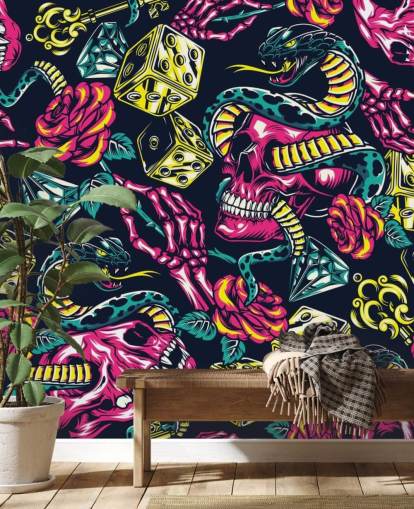 pink, yellow and green skull, dice and snake wallpaper