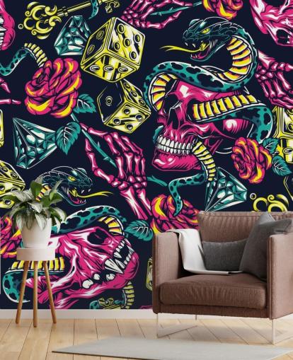 papel pintado de calavera, dados y serpiente rosa, amarillo y verde