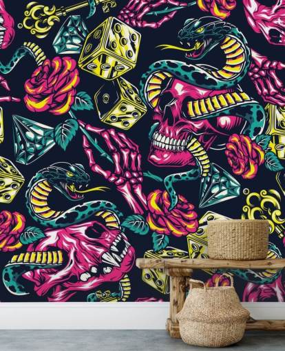 papel pintado de calavera, dados y serpiente rosa, amarillo y verde papel pintado de calavera, dados y serpiente rosa, amarillo y verde