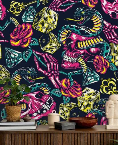 pink, yellow and green skull, dice and snake wallpaper