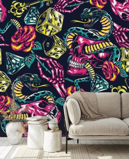 papel pintado de calavera, dados y serpiente rosa, amarillo y verde