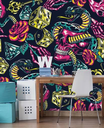 papel pintado de calavera, dados y serpiente rosa, amarillo y verde