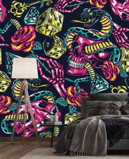 papel pintado de calavera, dados y serpiente rosa, amarillo y verde
