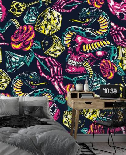 pink, yellow and green skull, dice and snake wallpaper