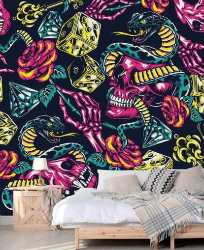 papel pintado de calavera, dados y serpiente rosa, amarillo y verde